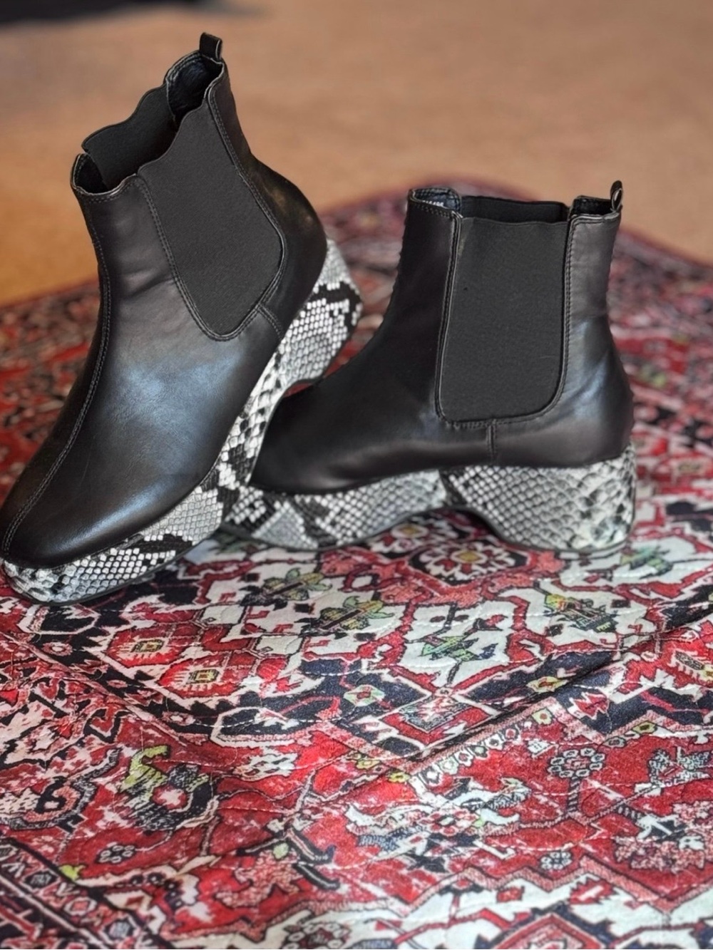 Urban Outfitters Black Leather Chelsea Boots with Snake-Print Platform Heel